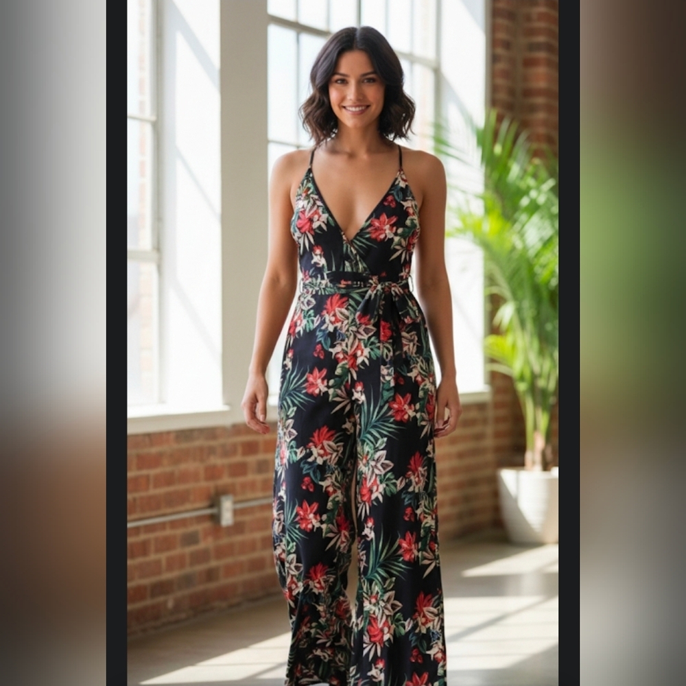 Promesa Red and Black Floral Jumpsuit with Wide-Leg Design